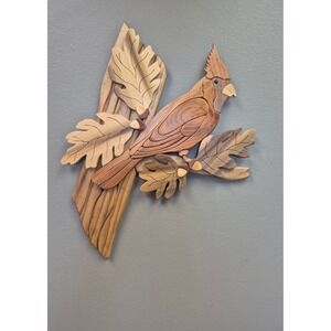 Handmade Wood Intarsia Cardinal Wall Art Signed Rustic Cabin Bird Decor 3d